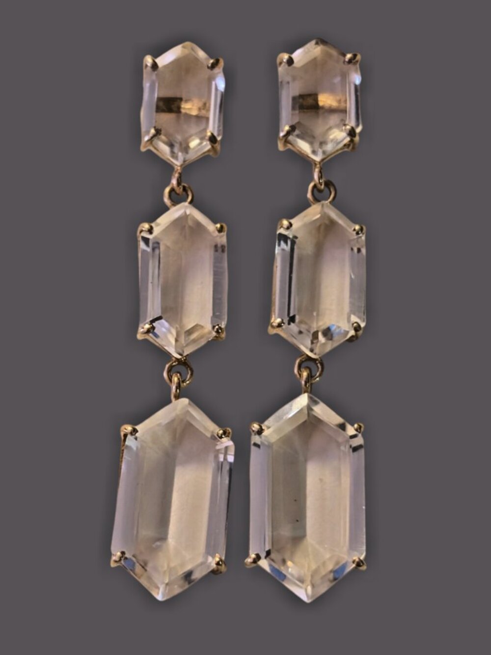 Andrea Del Bello 925 Sterling 14k Plated Triple Hex Clear Quartz 2.25" Earrings